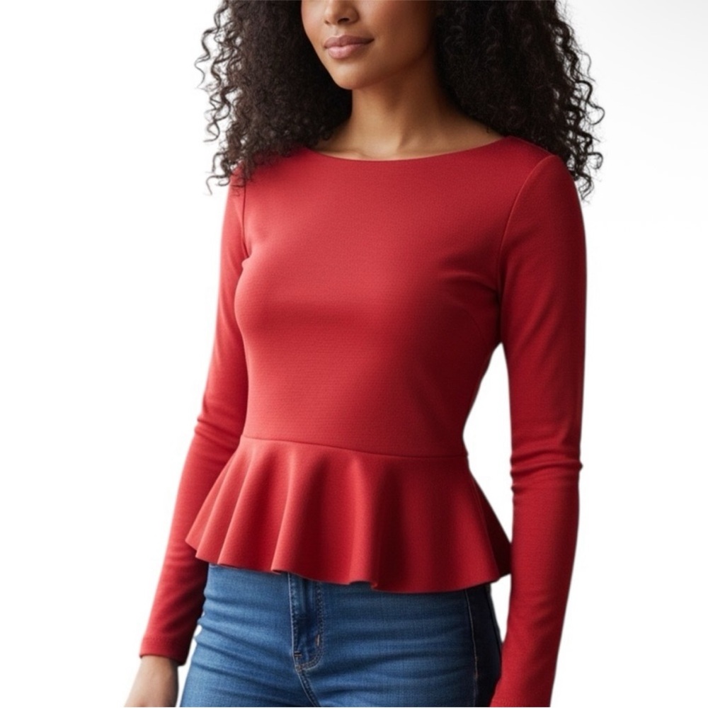 NEW Jason Wu Red Peplum Long Sleeve Boat Neck Top JW551000 Size Medium